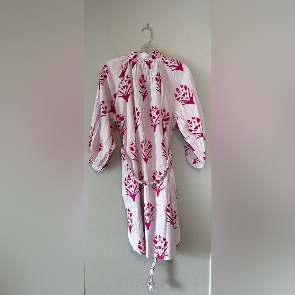 Tuckernuck Caryn Lawn Cotton  Dress White Pink Print Belted Puff Sleeve OS - Picture 4 of 5